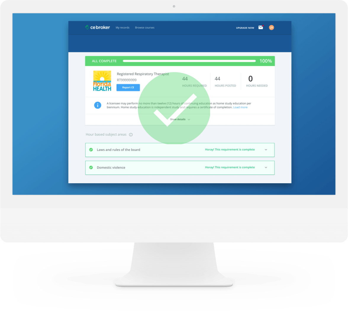 CE Broker dashboard displayed on a desktop computer showing compliance status