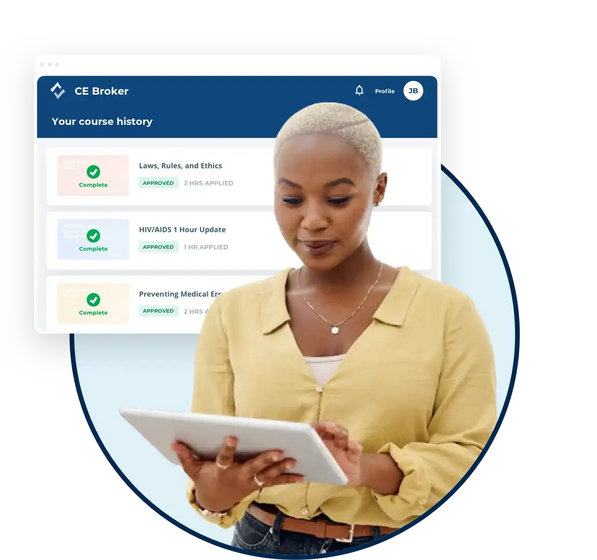 Woman using iPad to view her course history