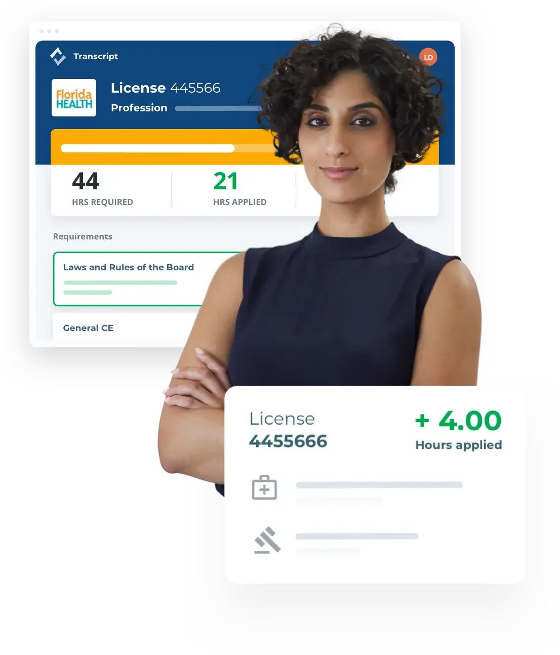 Woman in front of Propelus CE Broker dashboard