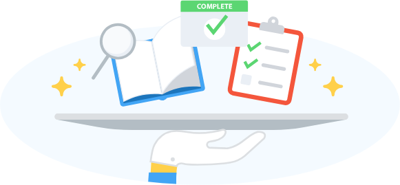 Hand serving courses on a platter with completion checkmarks