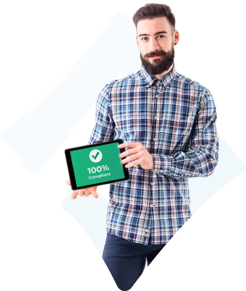 Person holding a tablet that says 100% compliant